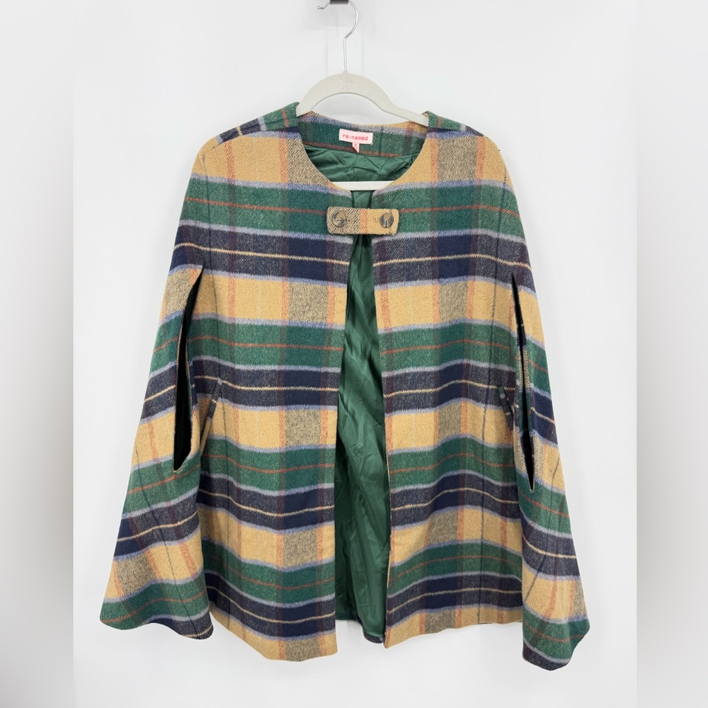 Re:Named Women's blue green tan Plaid Cape Coat, Sz M
